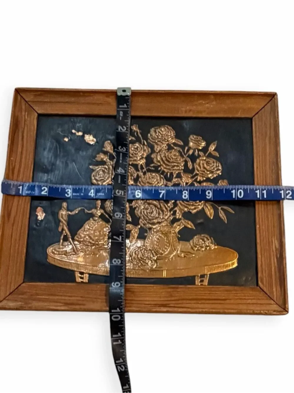 VINTAGE Gold Rose Floral Relief Wall Plaque Black Wood Frame MCM Hollywood Regen